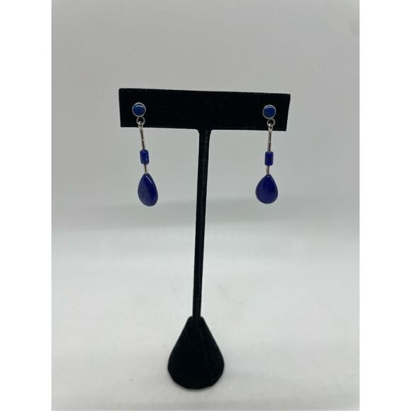 Vintage Triple Lapis Lazuli and Sterling Threader Earrings - Picture 3 of 6